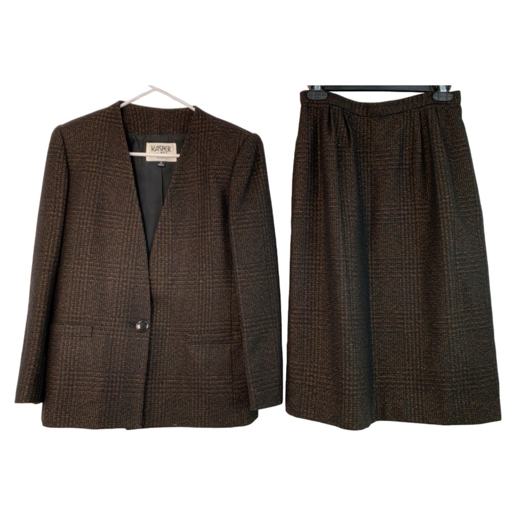 Vtg Kasper Size 6/8p Wool Plaid Blazer & Skirt Set Suit Black Plaid 7220